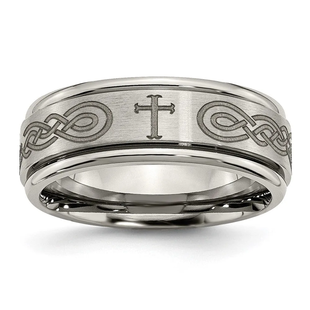 8mm Titanium Etched Cross & Scroll Grooved Edge Standard Fit Band