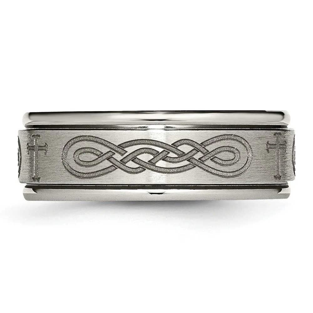 8mm Titanium Etched Cross & Scroll Grooved Edge Standard Fit Band