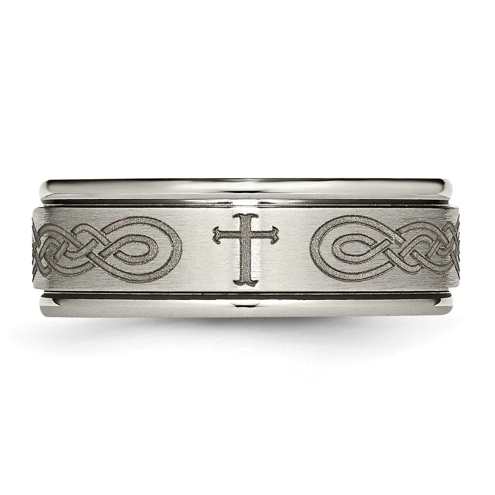 8mm Titanium Etched Cross & Scroll Grooved Edge Standard Fit Band