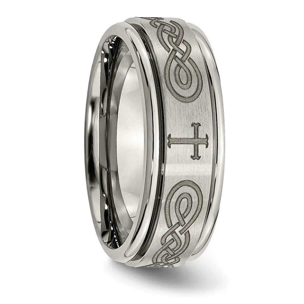 8mm Titanium Etched Cross & Scroll Grooved Edge Standard Fit Band