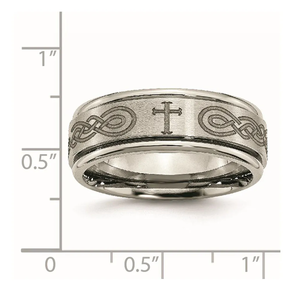 8mm Titanium Etched Cross & Scroll Grooved Edge Standard Fit Band